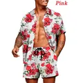 Men's casual two-piece floral print shirt and matching shorts set in pink rose design - S / Top And Bottom / Pink Rose Print