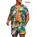 Men's two-piece summer Hawaiian set featuring cyan tropical floral print shirt and shorts - S / Top And Bottom / Teal Print