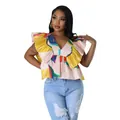 Detail view of a vibrant floral print V-neck top with stylish multi-layer ruffle sleeves. - S / Tops / Pink