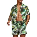 Men's Hawaiian two-piece set with vibrant tropical leaf print and casual fit shorts. - S / Top And Bottom / Set 16