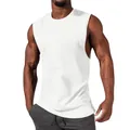 Close-up detail view of a white sleeveless muscle tank top for men's athletic wear. - M / Tops / White