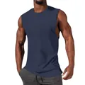 Close-up view of a navy blue sleeveless muscle tank top for men with athletic fit. - M / Tops / Navy Blue