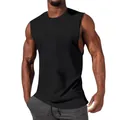 Detailed view of a solid black sleeveless muscle fit gym tank top for men on model - M / Tops / Black