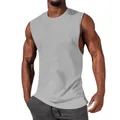 Close-up detail of a grey muscle fit sleeveless tank top worn by an athletic model. - Light Gray