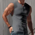 Detailed view of a grey slim fit Henley sleeveless sports tank top for men in casual style - Dark Gray
