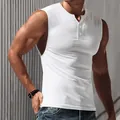 Detail shot of men's slim fit white Henley sleeveless t-shirt with button neckline - White