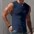 Close-up detail of a slim fit navy blue sleeveless Henley t-shirt for men in summer style. - Navy Blue