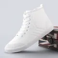 Stylish white high-top canvas sneakers for women featuring a classic lace-up design - 35 / White