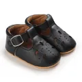 Klassische schwarze Baby-T-Strap-Schuhe mit atmungsaktivem, perforiertem Blumendesign - Schwarz