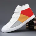 Stylish men's high-top color-block canvas sneakers with triple velcro straps and rubber toe - 38 / High-Top Hook-and-Loop Style (9815) / Off White