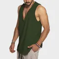 Close-up of men's dark green deep V-neck sleeveless cotton tank top for summer comfort - Army Green