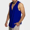 Detailed view of a men's deep V-neck blue sleeveless tank top in breathable cotton. - S / Tops / Sapphire Blue