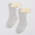 Detailed view of grey ribbed baby socks with cream angel wings and anti-slip sole lettering - S / Grey (DB032)