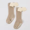 Close-up of ribbed baby knee-high socks with plush angel wings and white anti-slip soles - S / Khaki (DB032)