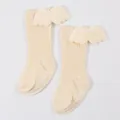 Detail of cream baby ribbed socks featuring 3D angel wings and anti-slip soles - S / Beige (DB032)
