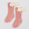 Detail view of pink ribbed baby socks with white plush angel wings and non-slip soles. - S / Pink (DB032)