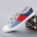 Men's low-top canvas sneaker in grey with tricolor stripes and velcro straps - Blue Gray