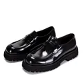 Detailed view of men's black shiny leather loafers featuring thick soles and penny strap - 38 / Black