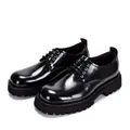 Detailed view of men's glossy black leather Derby shoes with thick platform soles - 38 / Black