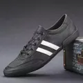 Men's low-top breathable casual sneakers in black leather with contrast white stripes - All Black (8152)