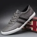 Grey men's low-top breathable casual sneaker featuring stylish black side stripes - 38 / Gray (8152)