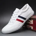 Casual white low-top sneakers for men with blue and red side stripes - 38 / White & Blue (8152)
