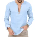 Detailed view of a light blue men's slim fit linen long sleeve shirt featuring a deep V-neck - S / Tops / Light Blue