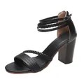 Elegant women's black block heel sandals with braided straps and back zipper closure - Black