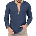 Detail view of men's navy blue long sleeve Henley shirt with deep V-neck design. - Navy Blue