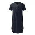 Macro view of navy blue men's loose loungewear robe showing Henley neck and pocket - Navy Blue