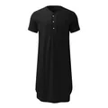 Detailed front view of a men's solid black short sleeve long loungewear sleep shirt tunic. - Black