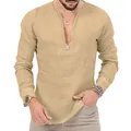 Detail view of men's linen long sleeve Henley shirt with deep V-neck - 3XL / Tops / Dark Khaki