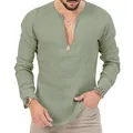 Macro view of men's sage green linen long sleeve shirt featuring a deep v-neck design - Light Green