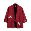 Vintage red crane embroidered kimono cardigan haori for men and women, loose fit style - M / Top (A100712) / Red