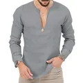 Close-up detail of a grey long-sleeved linen Henley shirt featuring a deep V-neck - Iron Gray