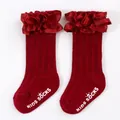Red princess socks for girls with ruffled trim and non-slip white kids socks print - Size S (0-6 Months) / Burgundy