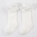 Detailed view of white ruffled baby princess socks with anti-slip grip on bottom - Size S (0-6 Months) / White