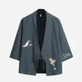 Grey Japanese style kimono cardigan with traditional crane embroidery and front tie - M / Top (A100712) / Grey Blue
