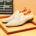 Men's breathable ivory leather loafers featuring laser-cut perforations and slip-on design - 37 / Off White