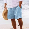Short de plage décontracté en coton et lin bleu clair pour homme avec cordon. - S / Bas / Bleu clair