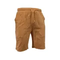 Primo piano di pantaloncini marroni in cotone e lino con coulisse elastica - Giallo ocra