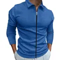Casual blue waffle knit jacket for men featuring a polo collar and full front zip - M / Tops / Sapphire Blue