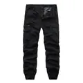 Black men's cargo jogger pants with drawstring waist and multiple functional pockets - 29 / Bottoms / Black