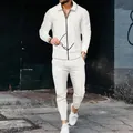 Men's white waffle knit tracksuit set with zip-up long sleeve top and pants - M / Top And Bottom / White