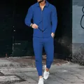 Men's blue waffle knit tracksuit set featuring a slim fit long sleeve top and pants - M / Top And Bottom / Sapphire Blue