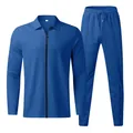 Detail view of blue waffle knit tracksuit set with quarter-zip polo shirt - S / Top And Bottom / Sapphire Blue