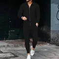 Premium black waffle knit men's tracksuit set featuring slim fit zip-up top and pants - M / Top And Bottom / Black