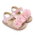 Detalle de sandalias rosas para bebé con suela blanda y flores decorativas. - Rosa