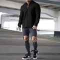 Men's black waffle-knit long-sleeve jacket with zipper closure and lapel collar - S / Tops / Black