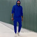 Men's royal blue loose fleece hooded sweatshirt and jogger two-piece sport tracksuit set - S / Top And Bottom / Sapphire Blue